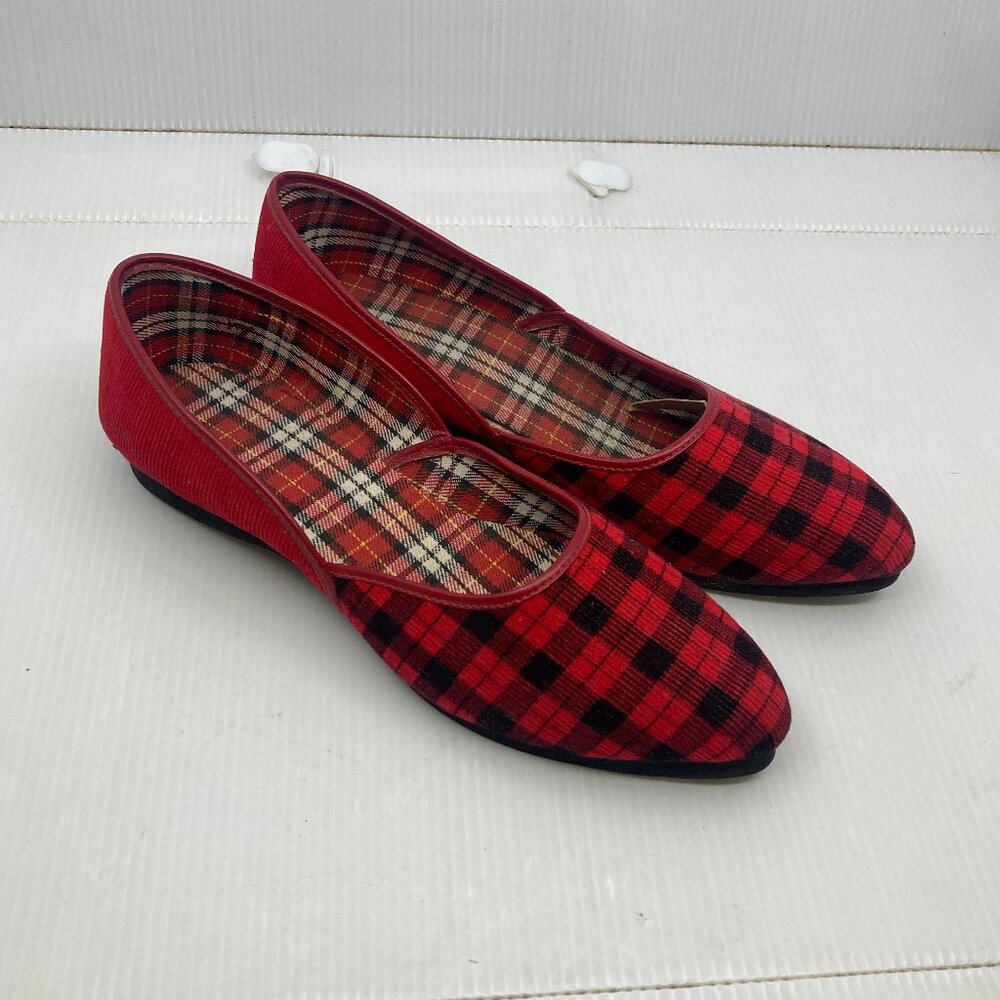 Vtg 1960s NEW DEADSTOCK flat red black plaid tile womens slippers shoes sz 7